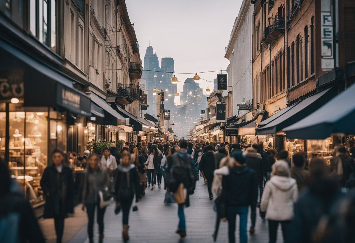 Busy urban street lined with fashion boutiques, highlighting the contrast between fast fashion and sustainable fashion in a modern city setting.