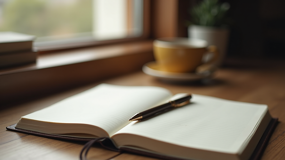 Close-up view of a notebook and pen on a wooden table