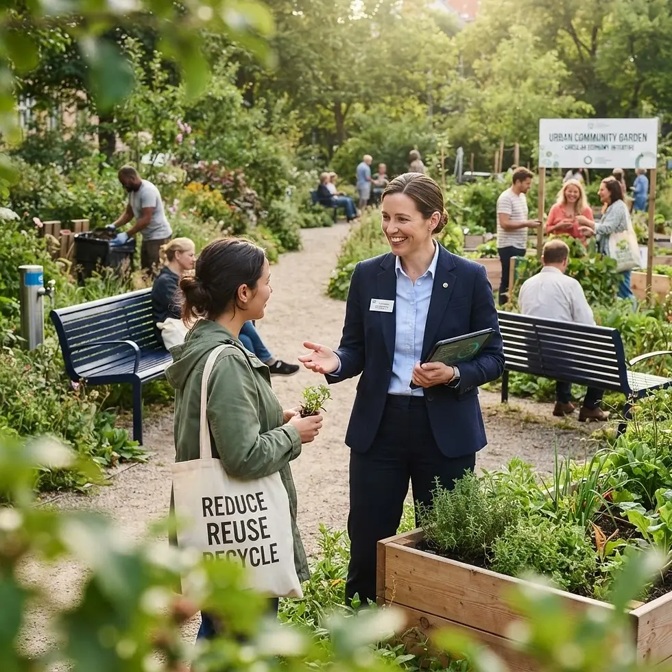 Studio photography, two women talking in a lush community garden. The scene suggests a professional or educational conversation about sustainability in a warm, inviting outdoor setting.
