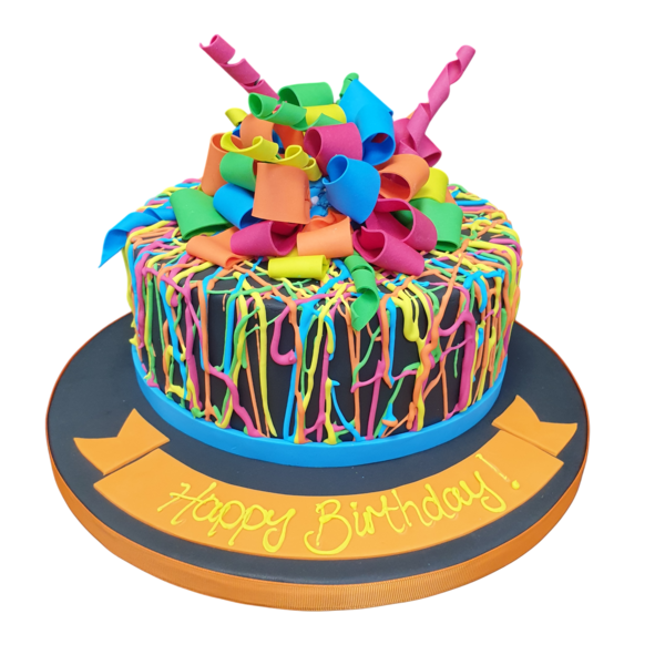 Elegant white cake decorated with a vibrant bow and colourful splatters, perfect for celebrations and special occasions in UK.
