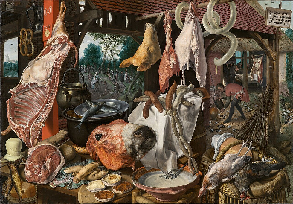 Étal de viande avec la Sainte Famille faisant l'aumône durant la Fuite en Égypte - Pieter Aertsen - 1551