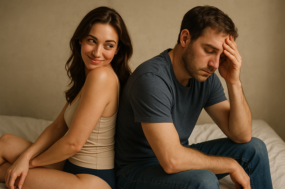 A couple sitting back-to-back on a bed. The woman is smiling playfully with a flirty expression, while the man looks drained and frustrated, resting his head in his hand.