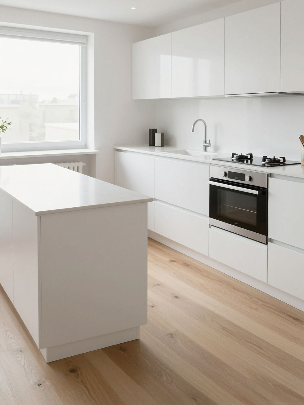 Clean white modern kitchen, part of cleaning services Sheffield.