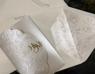The pearl embossed jacket is te perfect compliement to the custom liner and monogram.  Made by Melinda Cantor Designs