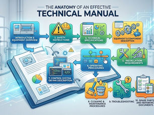 Illustration showing the key sections of an effective technical manual, from equipment overview and safety to operation, maintenance, troubleshooting, and spare parts.