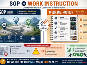 Infographic comparing SOP and work instruction, with road map vs notebook steps, icons, and text on purpose, process, and errors.