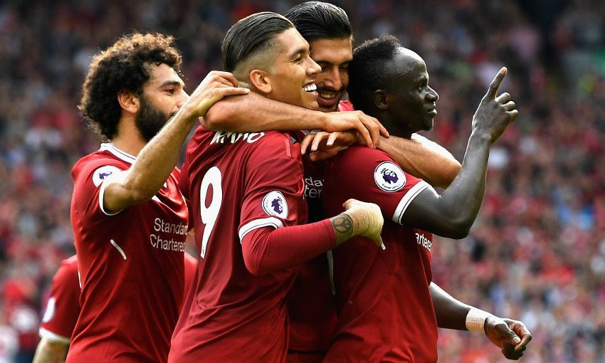 Salah, Firmino, Can e Mané comemoram gol do Liverpool