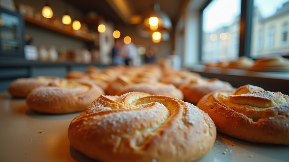 Eye-level view of a small bakery counter with fresh pastries