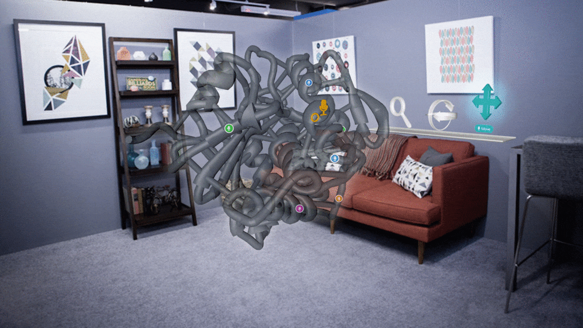 Animated GIF shows UI for various steps in a mixed reality app to add a voice memo to a holographic 3D molecule