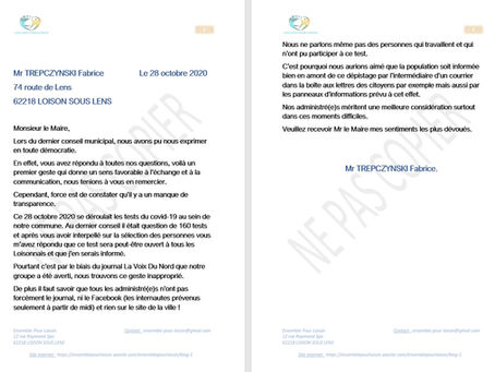 Courrier au Maire à propos des tests.