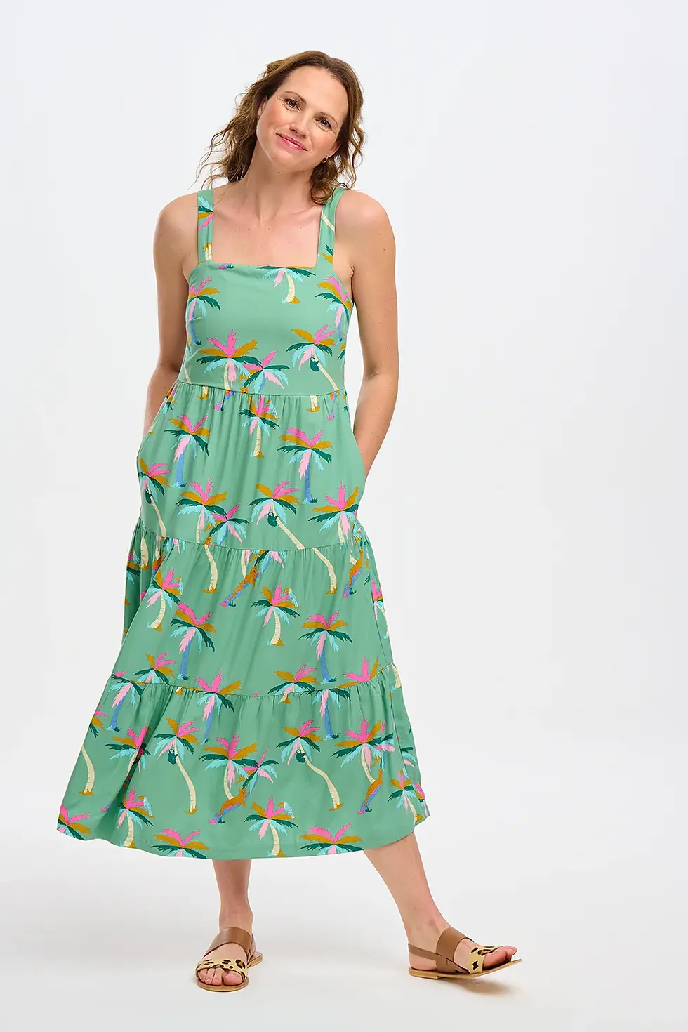 Elora Midi Tiered Sundress - Green, Rainbow Palms