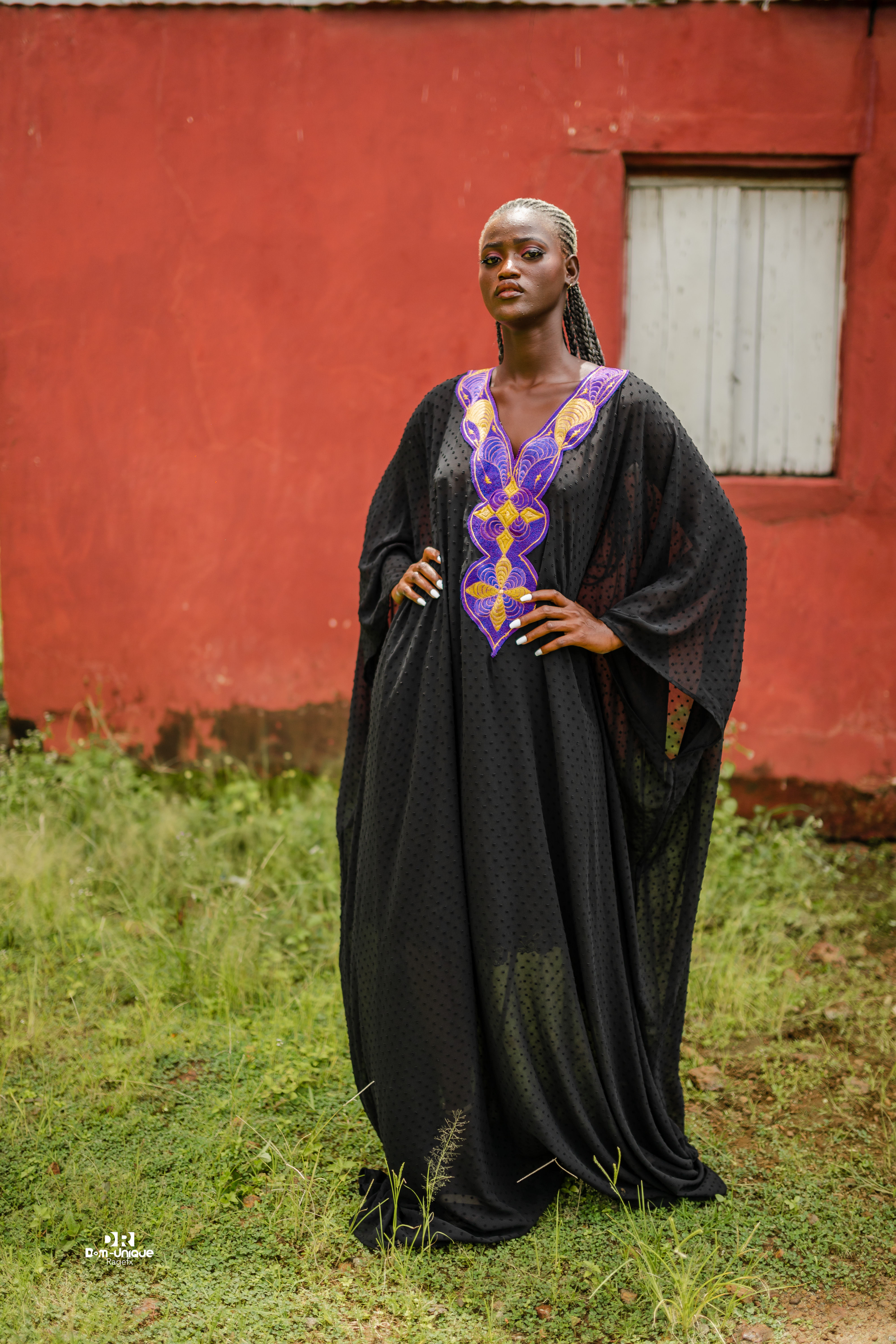 Purple and gold embroidered chiffon gown