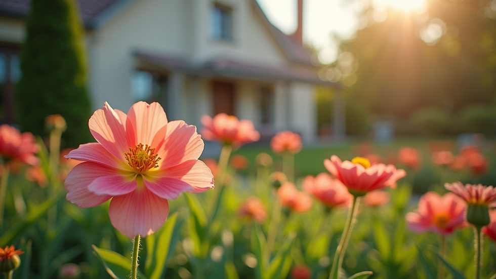 Wide angle view of a garden with blooming flowers