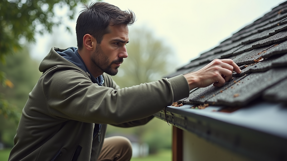 Close-up view of a homeowner inspecting a roof for damage