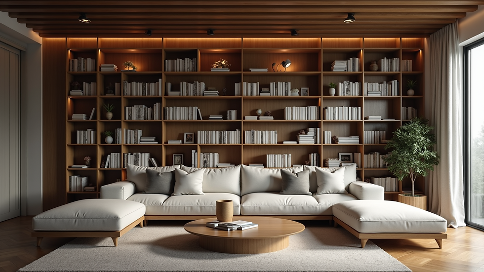 Wide angle view of an assembled bookshelf in a cozy living room