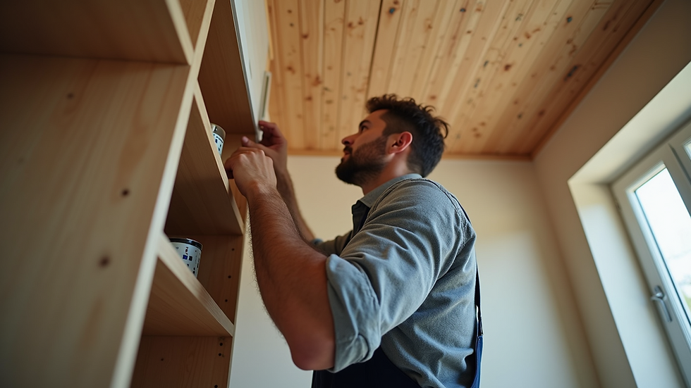 Eye-level view of a professional handyman fixing a kitchen cabinet