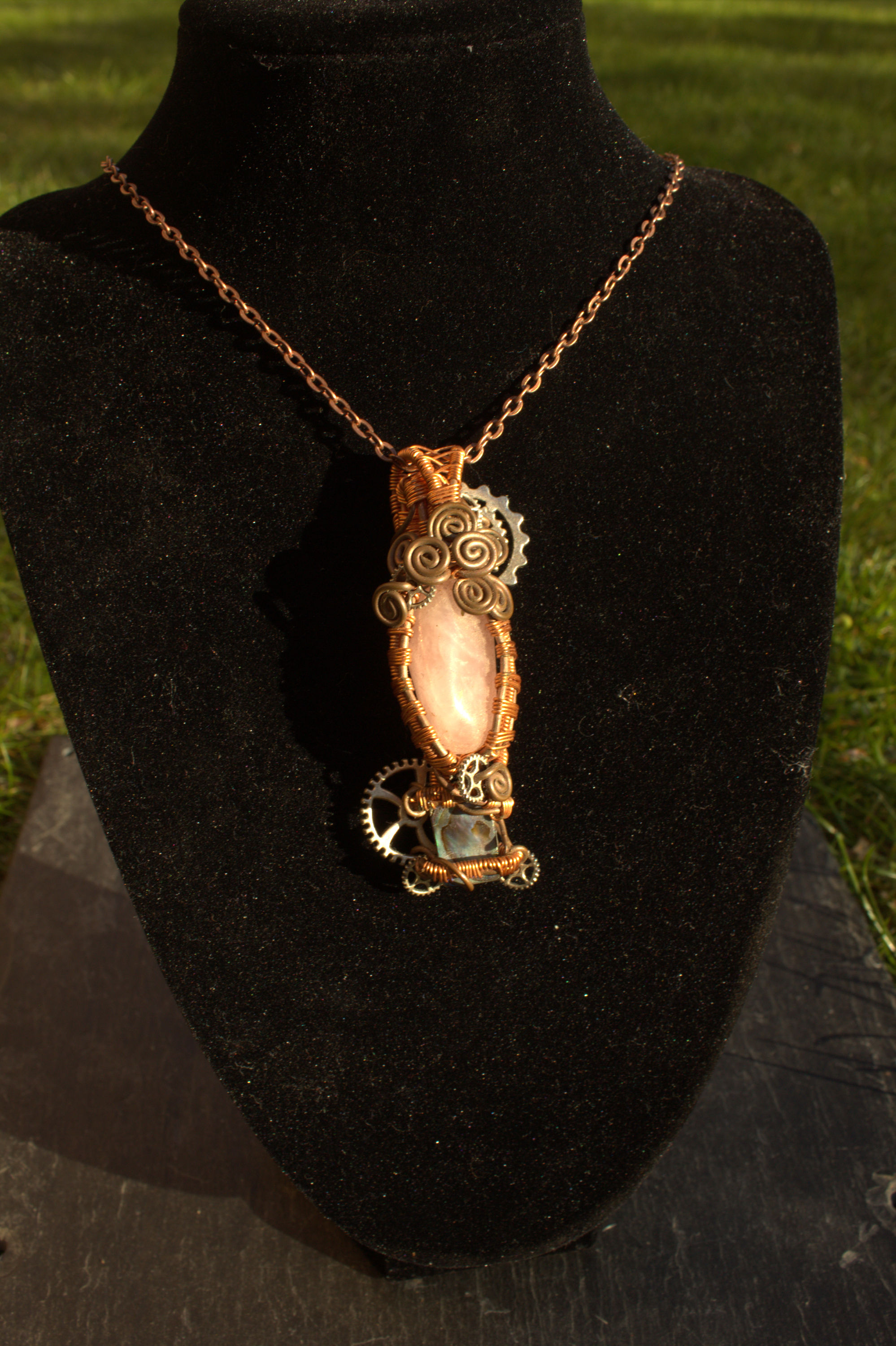 Steampunk rose quartz pendant