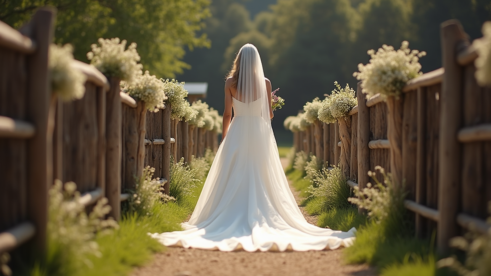Eye-level view of a bride walking down a rustic aisle outdoors