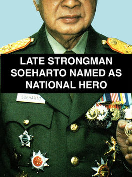 A cropped image of the authoritarian ruler Suharto, dressed in his military regalia