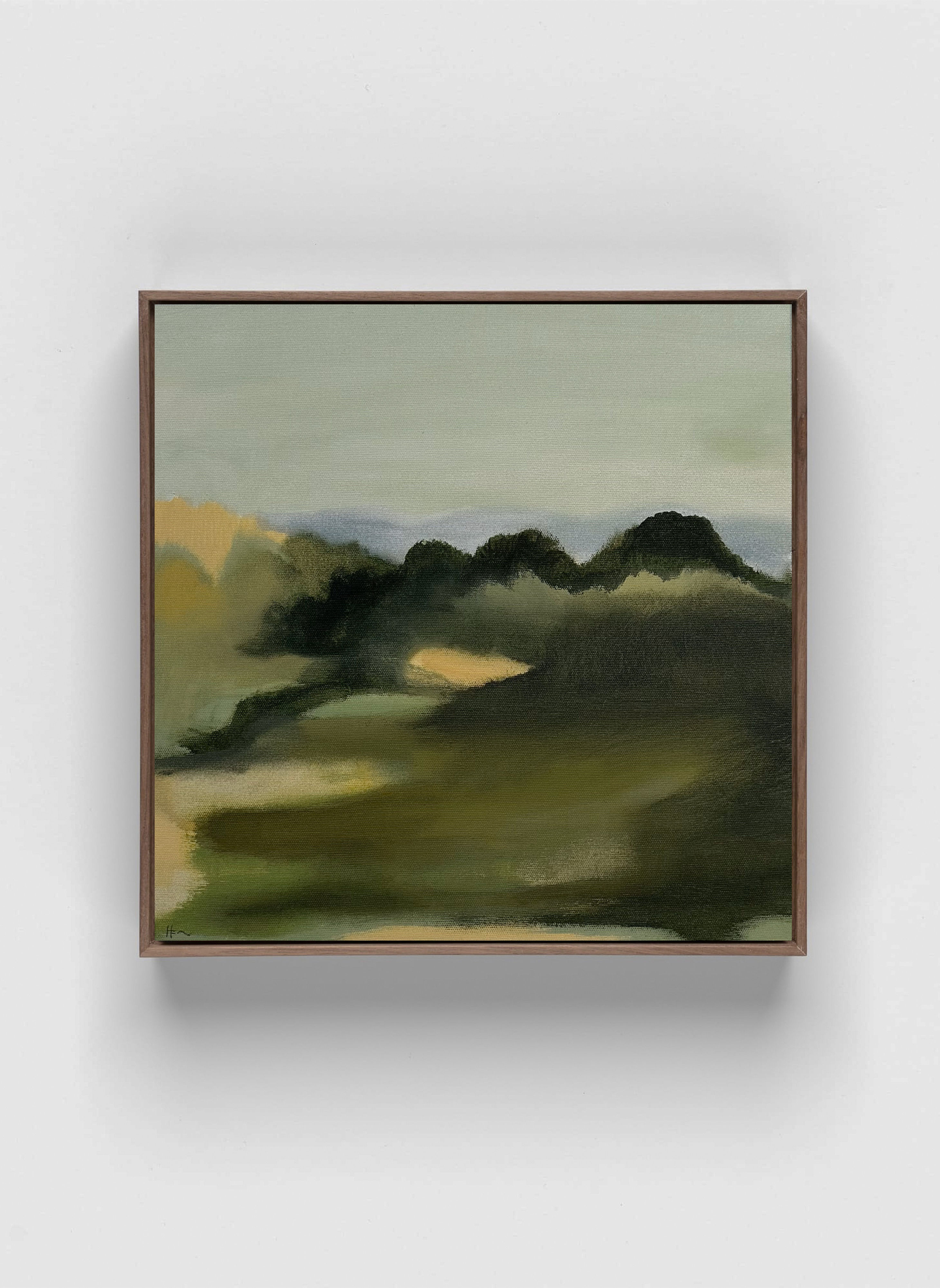 A square landscape abstract expressionism painting of a panoramic landscape with a soft muted colors of green blue and grey