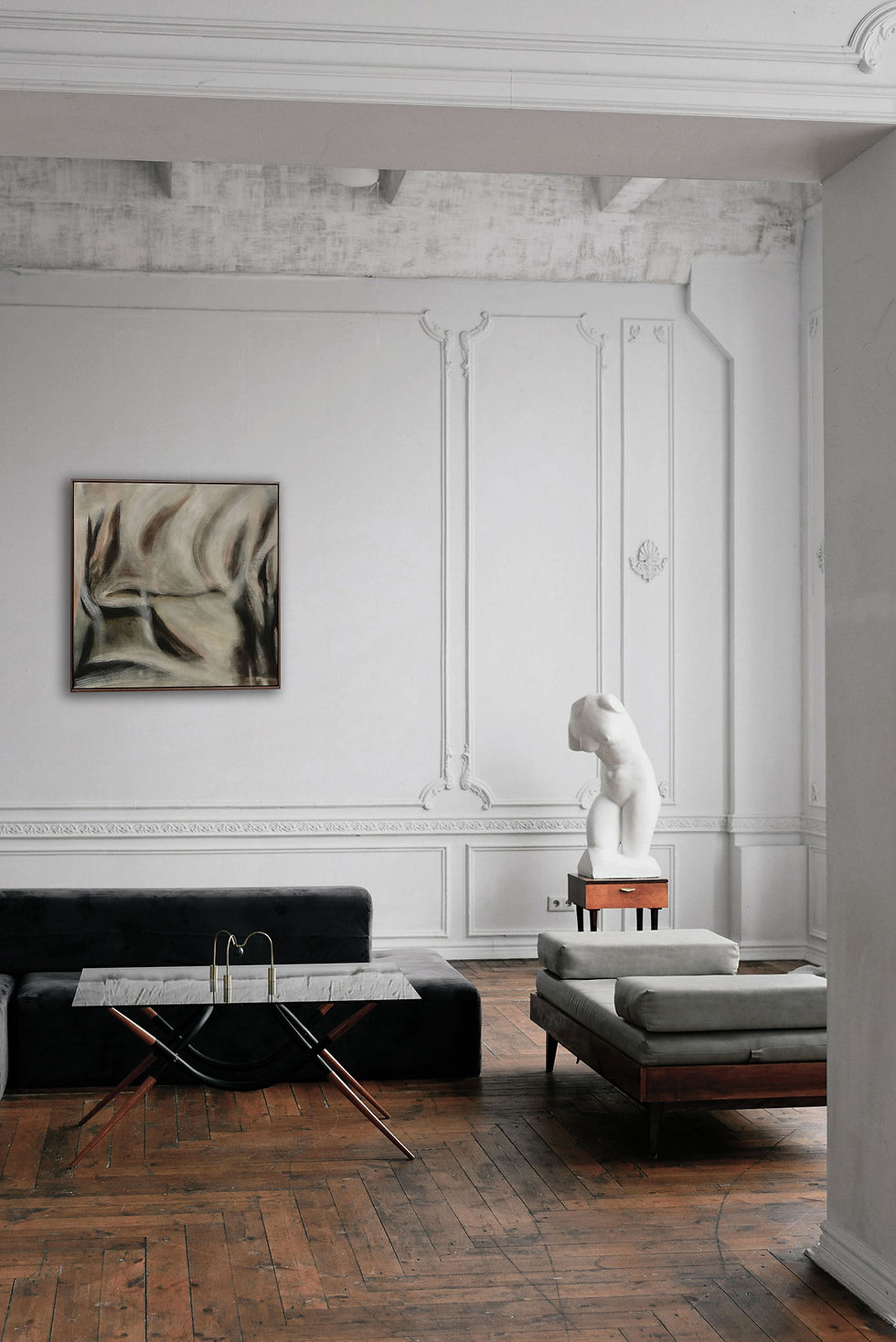 Thumbnail: Modern contemporary abstract landscape painting with flowing organic forms in warm neutral colors.