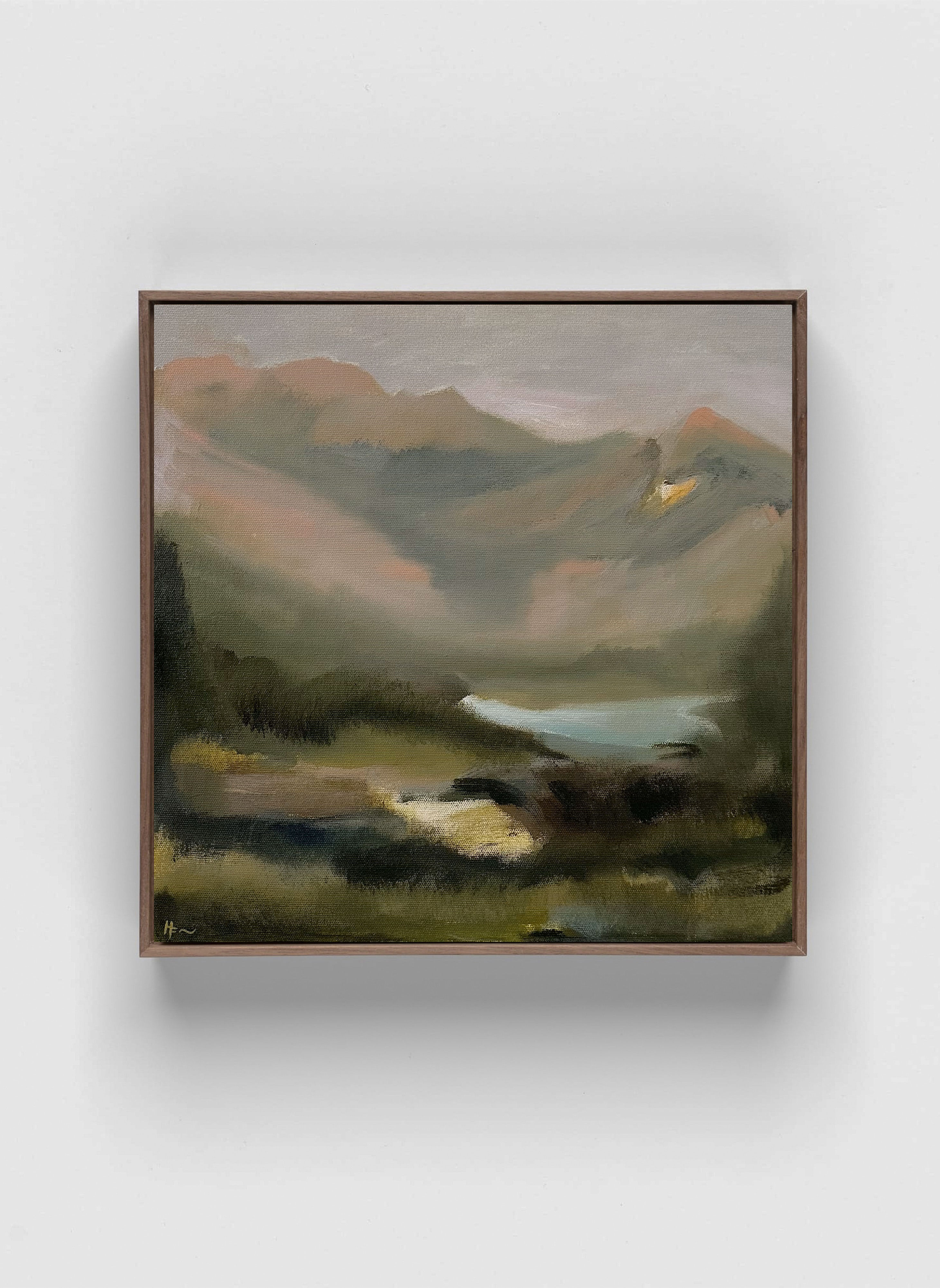 Modern abstract expressionist paintings in neutral tone. Landscape painting of misty mountain and a lake
