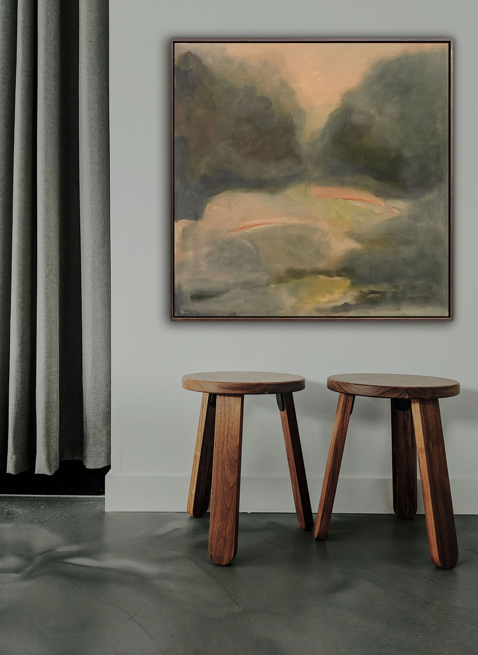 Thumbnail: Muted Green Square Landscape Painting Fleeting Daydreams V6. Original modern contemporary landscape painting from emerging ar