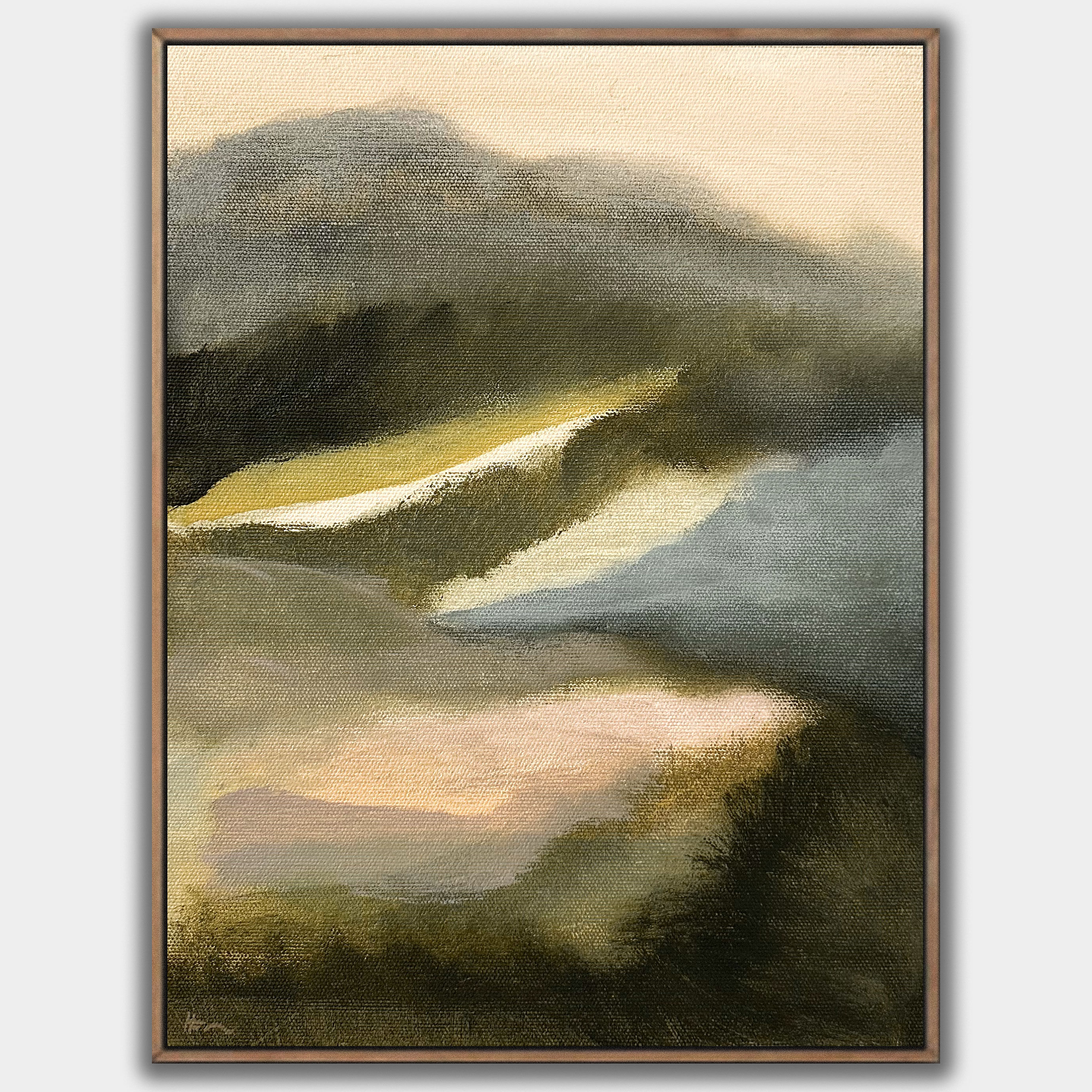 Modern Contemporary Landscape Painting for sale from emerging artist. a tranquil green of soft muted beautiful landscape