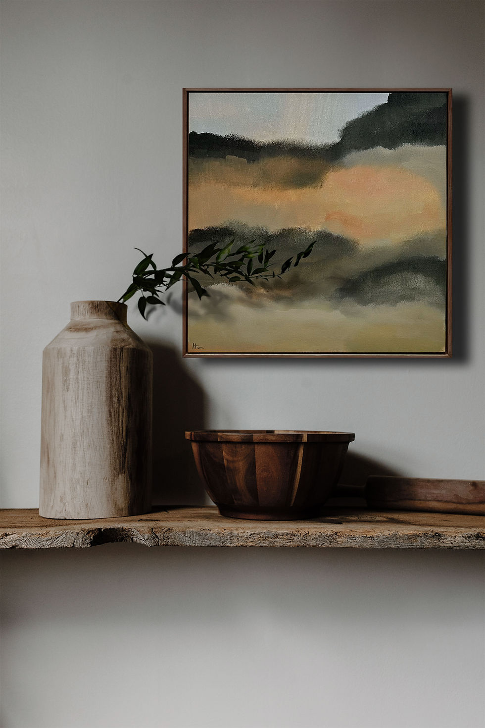 Thumbnail: Modern Contemporary Abstract Landscape Painting with soft neutral colors of muted green and beige in square floating frame.