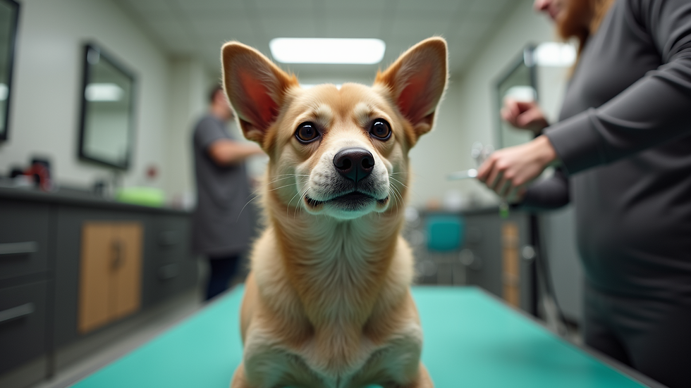 Eye-level view of a dog getting a haircut in a grooming salon