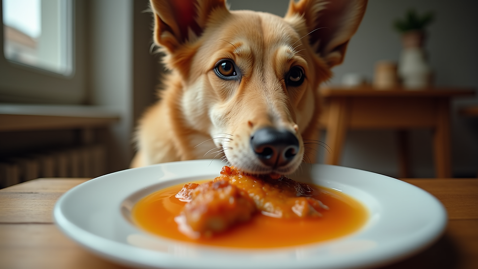 Vista a nivel de ojo de un perro comiendo de un plato con comida casera