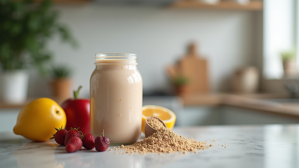 Eye-level view of a protein shake with a scoop of powder and fresh fruits on a kitchen counter