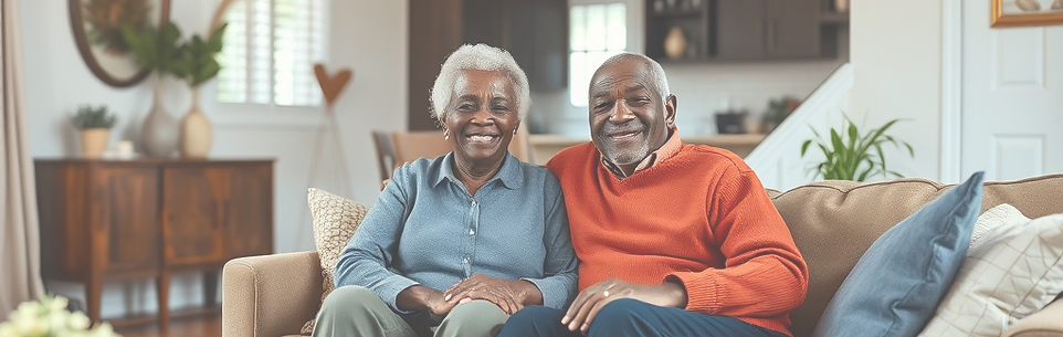 elderly couple on couch smiling in