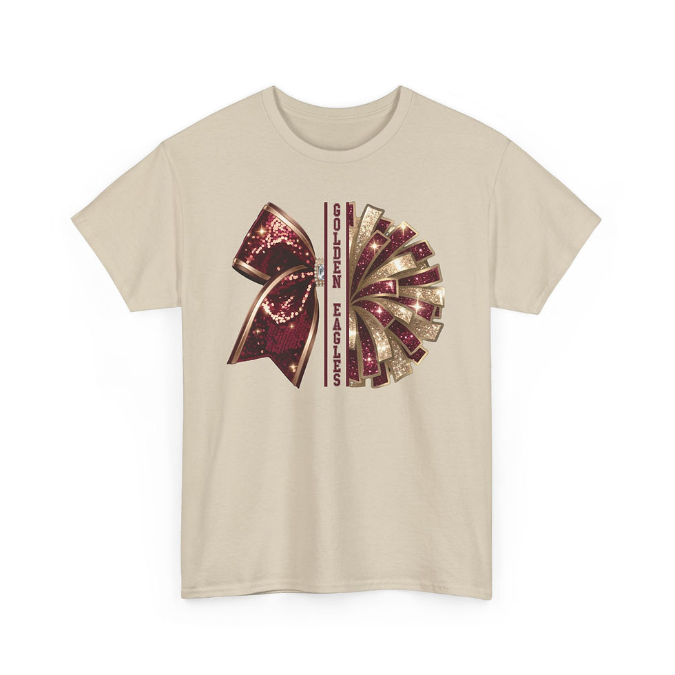 Thumbnail: Bow & pom Graphic Tee — Maroon and gold Print