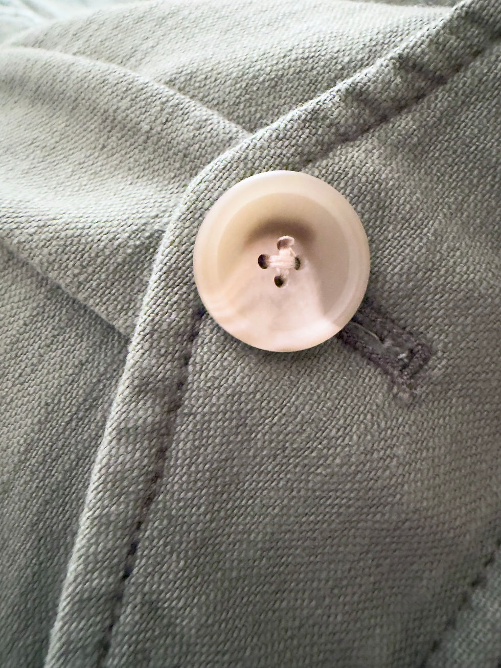 * Button detail macro shot by Michelle Marie Sawtell: An extreme close-up photograph showcasing a single, large round beige button sewn onto a moss green utilitarian safari jacket. The shot highlights the smooth, slightly marbled horn-like texture of the button, the clean cross-stitch thread holding it in place, and the heavy canvas weave and topstitching of the green fabric near a stitched buttonhole.