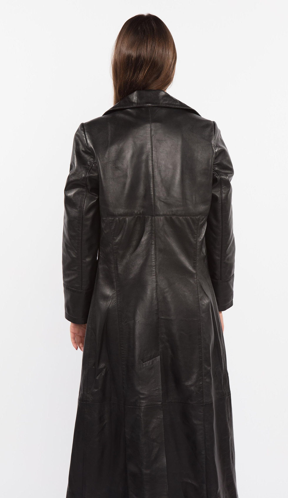 Thumbnail: This is just the 6th image of Ladies 3 Button Matrix Black Full Length Leather Coat from back