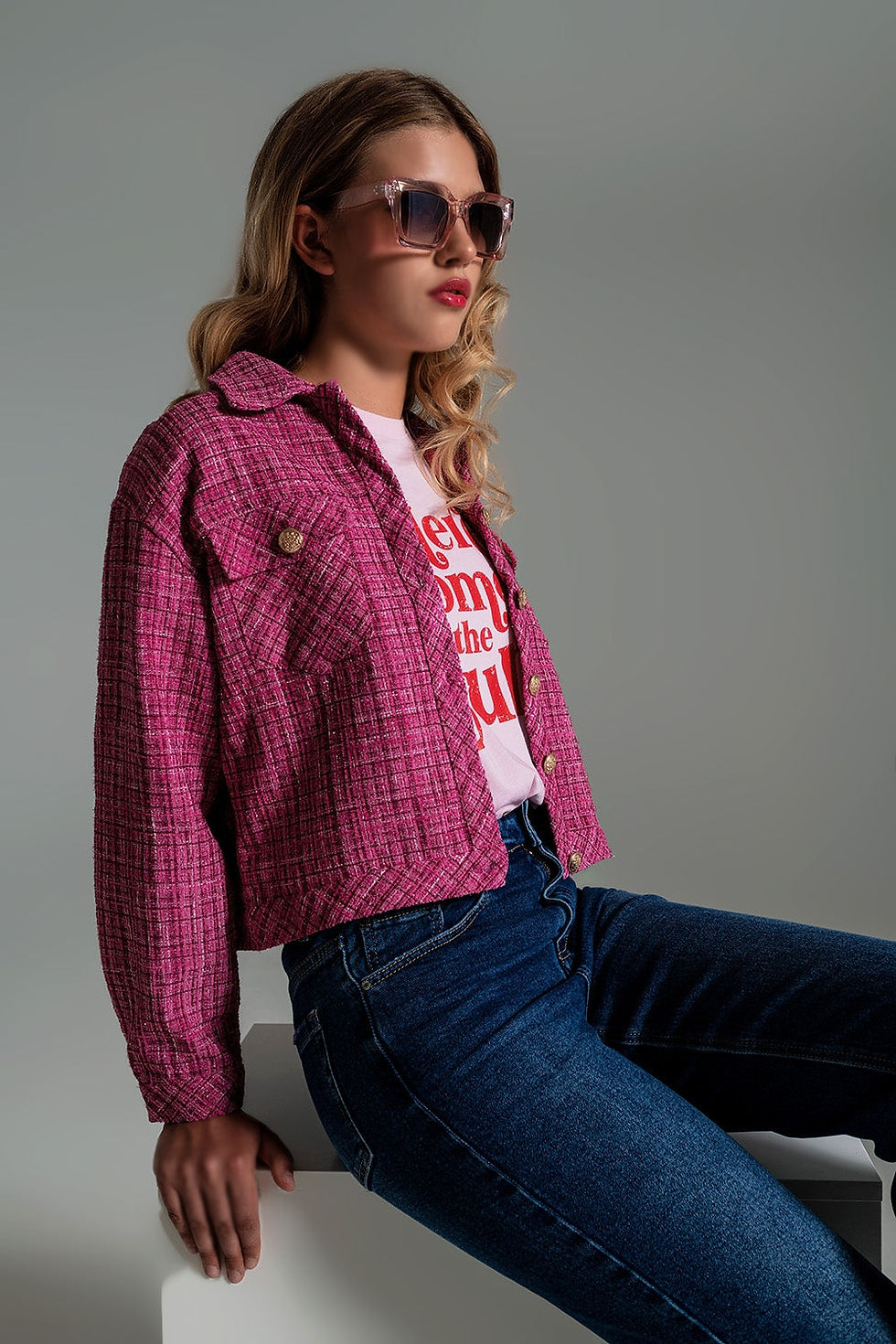 Cropped Tweed Jacket Pink