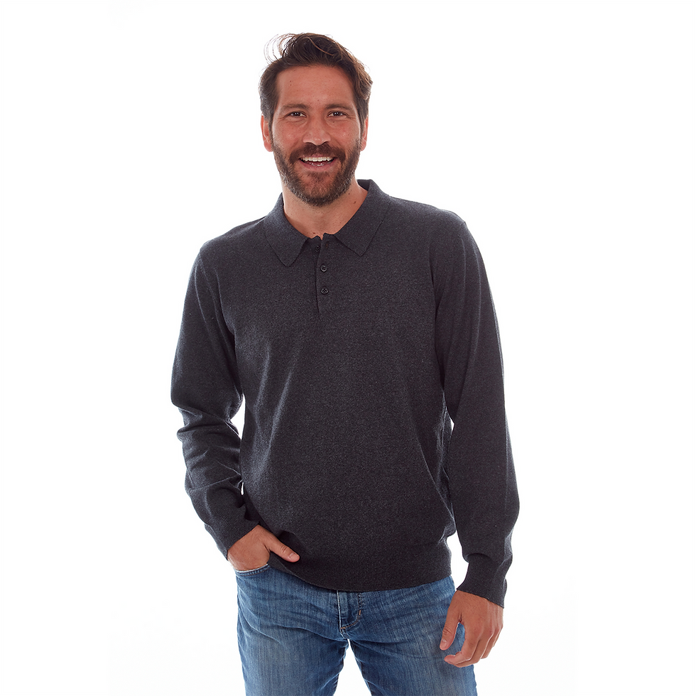 Man wearing a charcoal men’s long sleeve polo with tailored fit