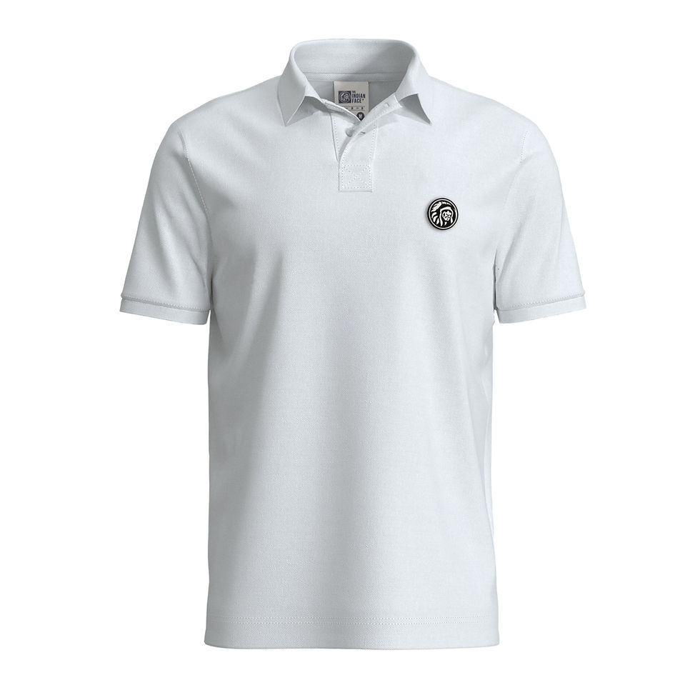 Front view of unisex white polo shirt by The Indian Face on model