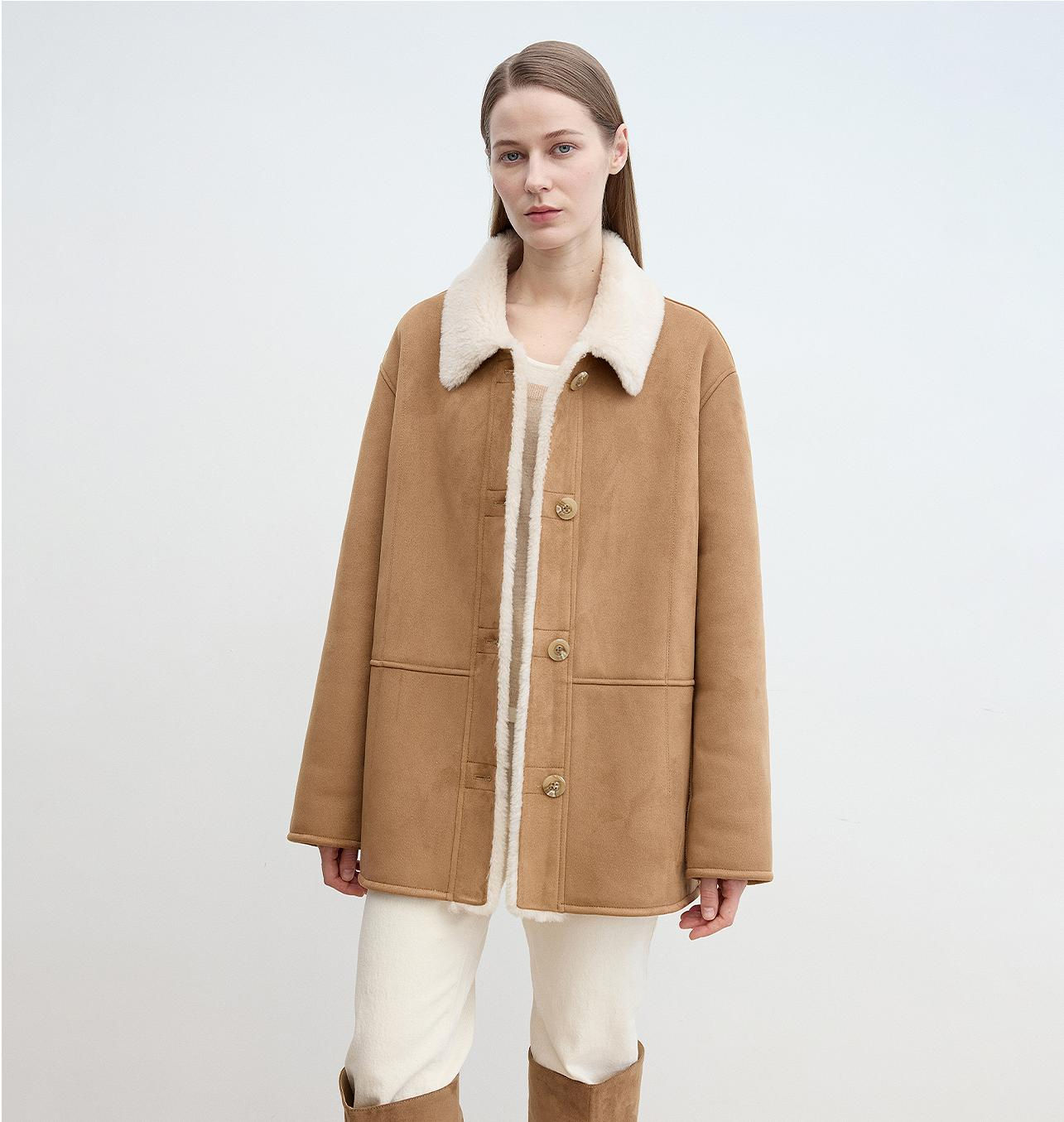 Reversible Wool Suede Jacket showcasing contrast lapels and soft, luxurious suede on one side, with warm, textured wool