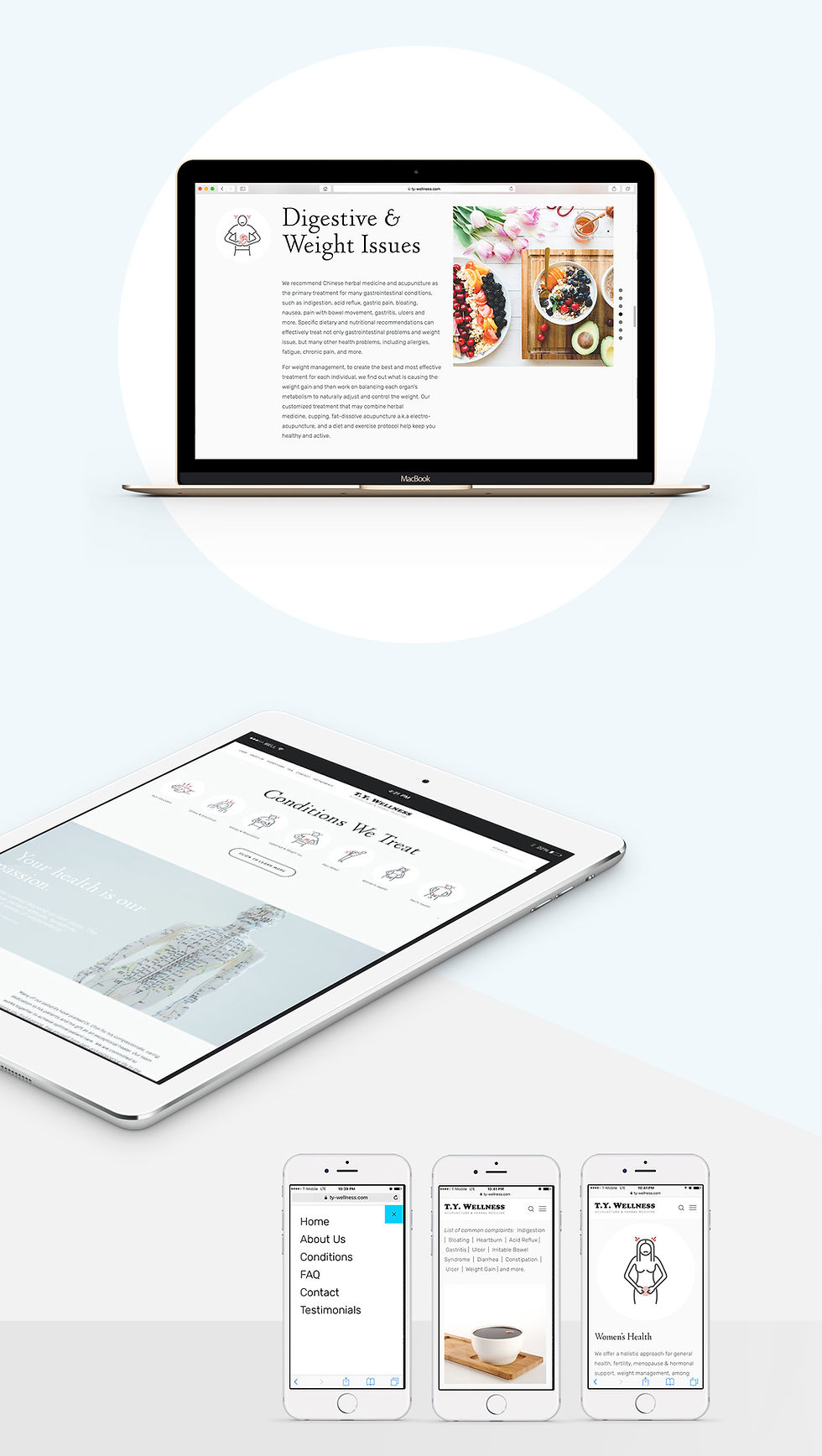 Laptop displays "Digestive & Weight Issues" text with food image. Tablets and phones show wellness site layouts with health topics.