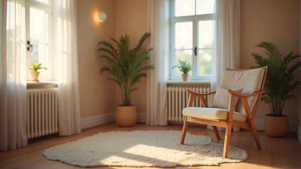 Eye-level view of a cozy therapy room with a comfortable chair and soft lighting