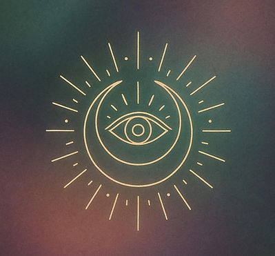 The Mountain Mystic logo, which has a muter green and purple background, with a gold celestial sigil featuring the moon