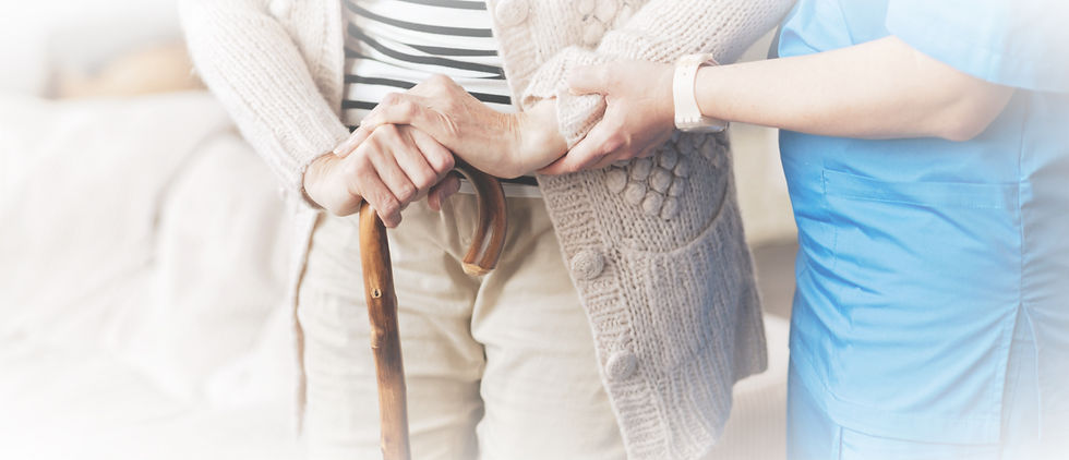 Caregiver aiding Senior to walk