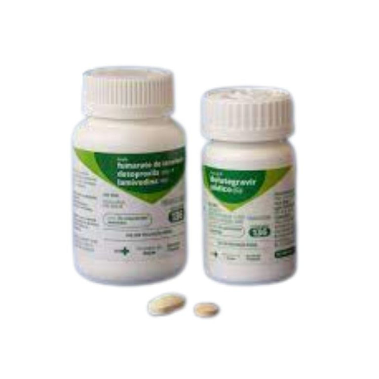 Frascos de medicamentos antirretrovirais utilizados no tratamento do HIV, com comprimidos visíveis sobre a superfície.