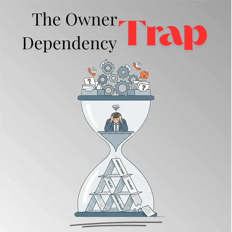 The owner dependency trap hourglass representing frustration when business exit planning