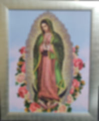Virgen Manto Verde Completa Flores Litografía protegía plastificada