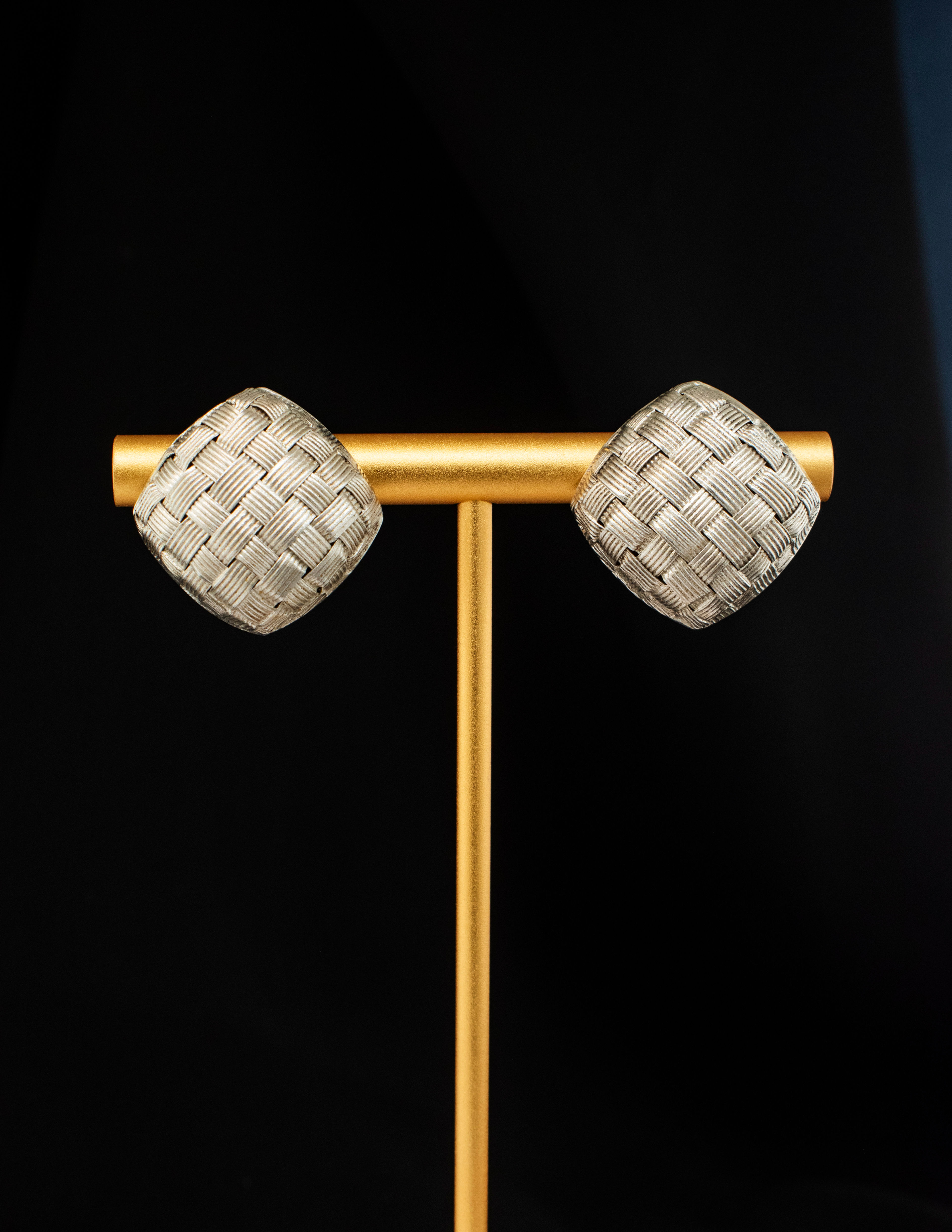 18K White Gold Basket Weave Button Earrings