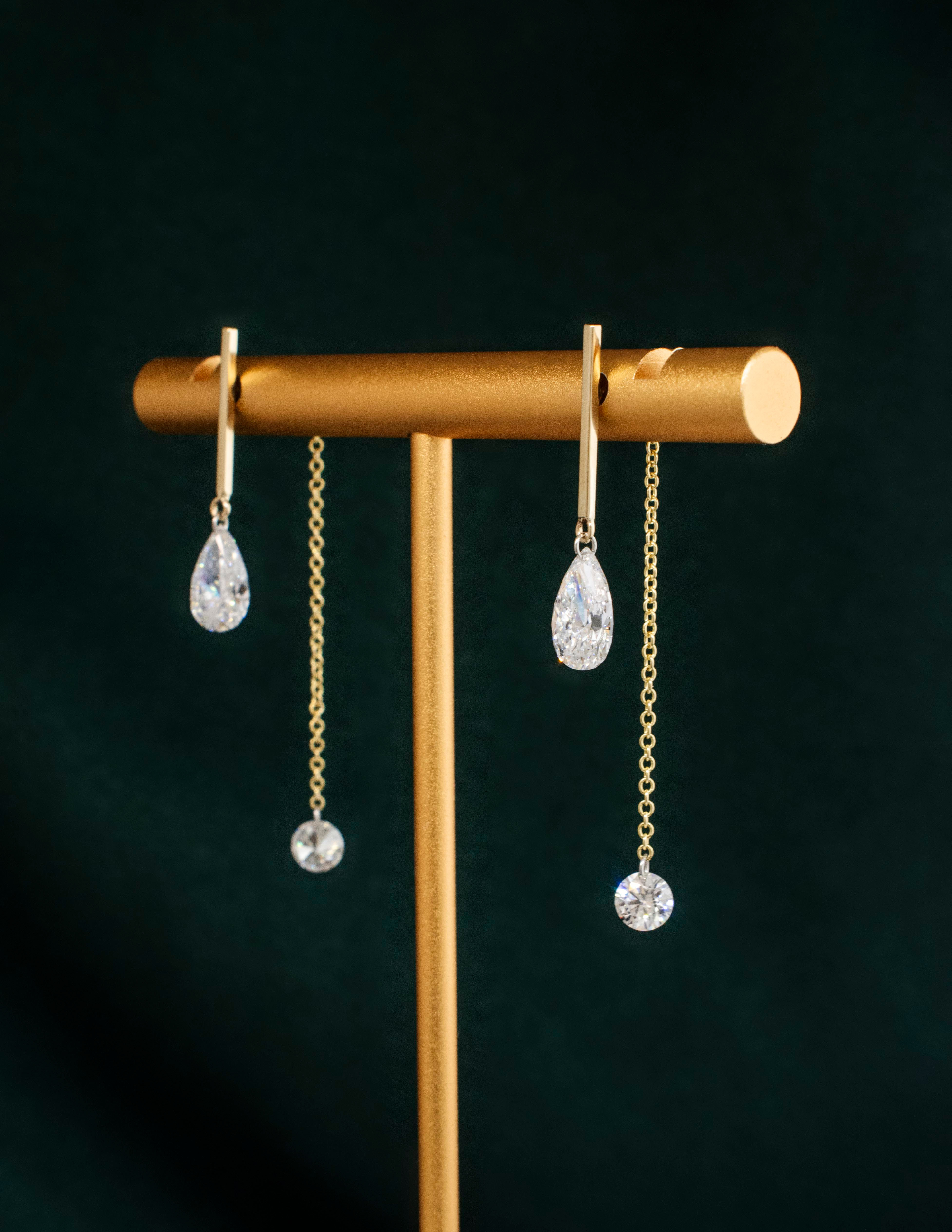 14k Yellow Gold Laser Drilled Diamond Drop Earrings