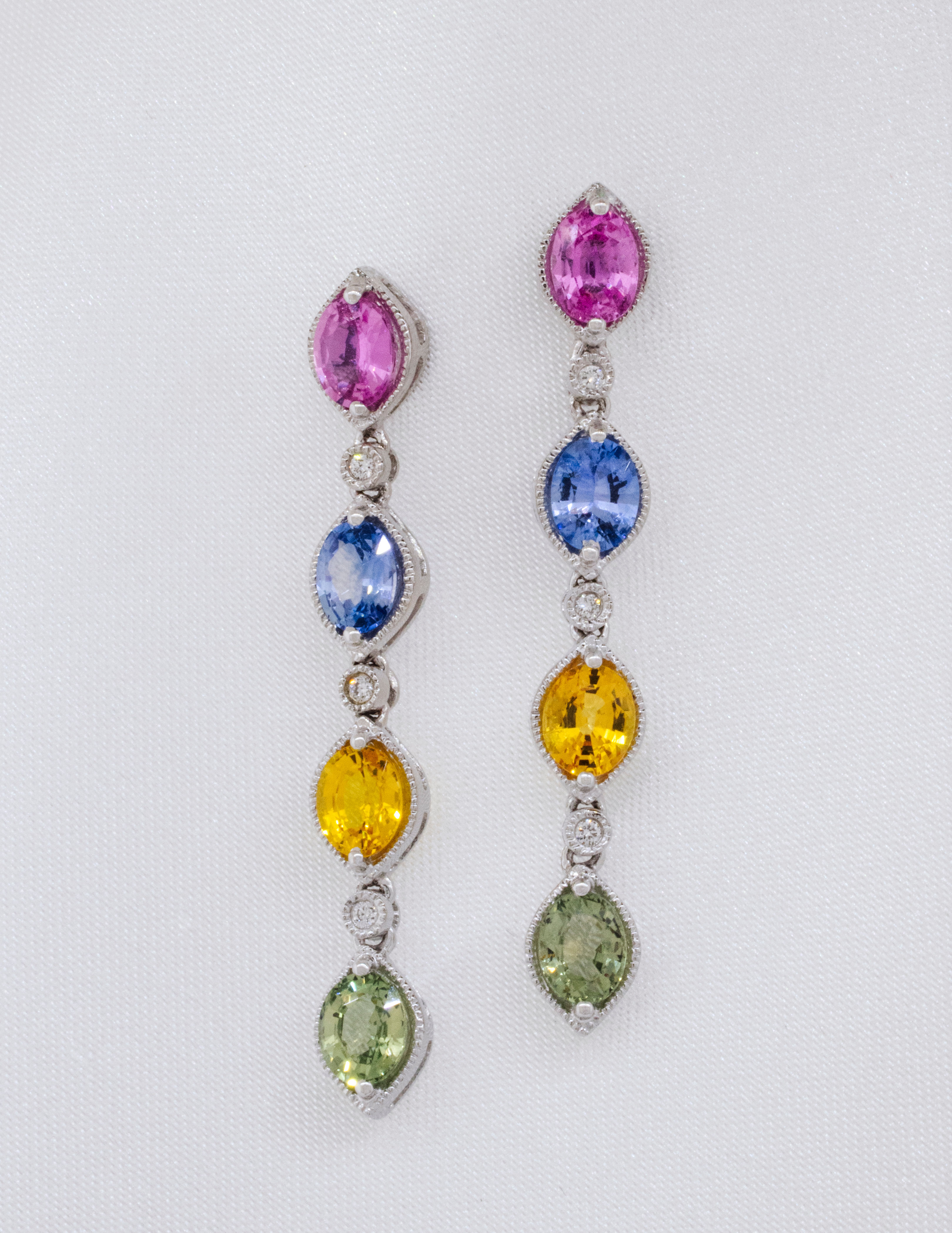 White Gold Multi-Colored Sapphire and Diamond Dangle Earring Front View